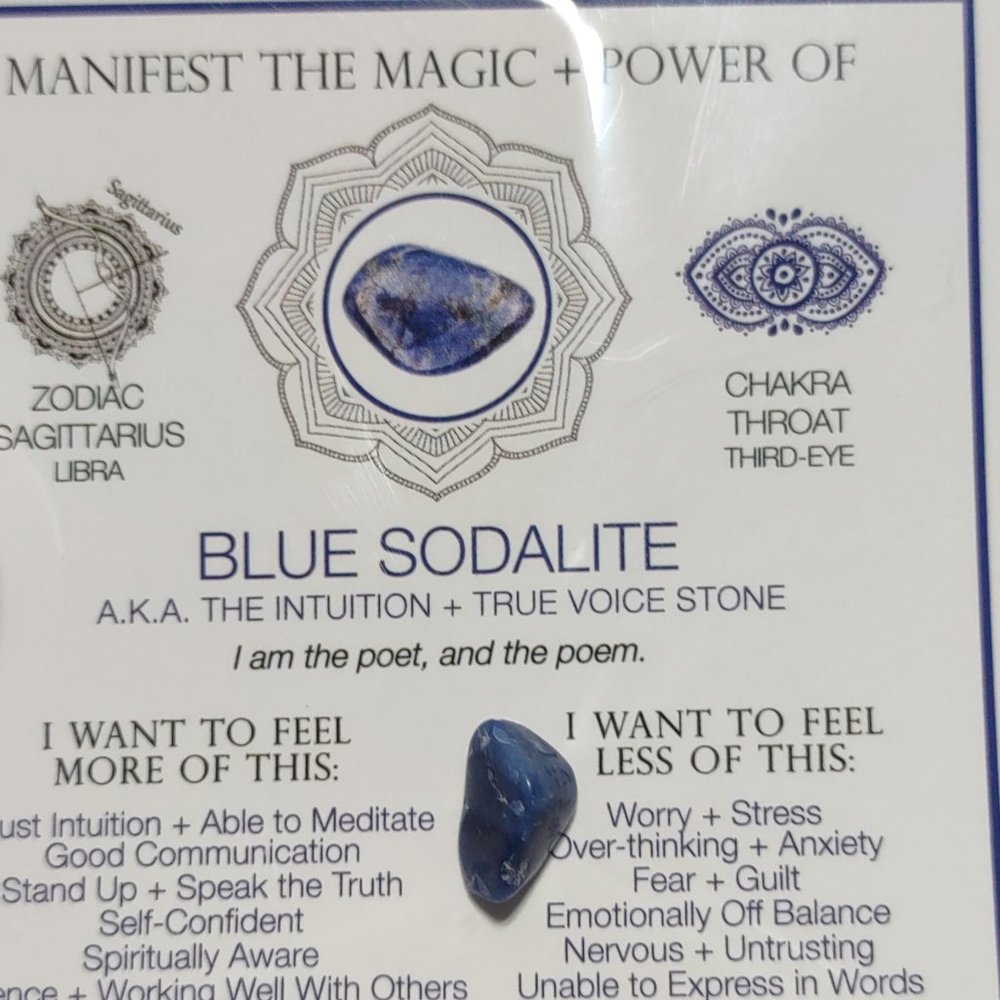 Crystal with Information Card - BLUE SODALITE - THE INTUITION & TRUE VOICE STONE